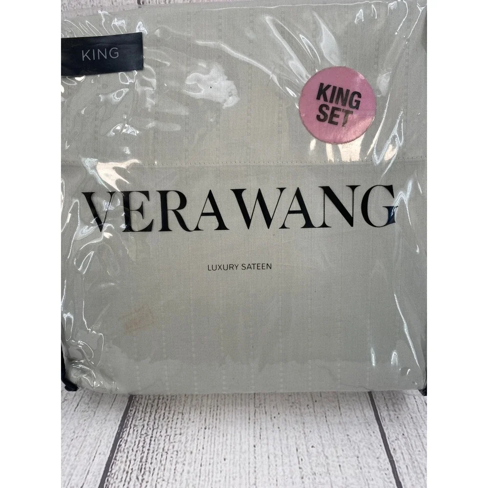 Vera Wang Sheet Set King Gray Luxury Sateen 100% Cotton Dotted Line Minimalist